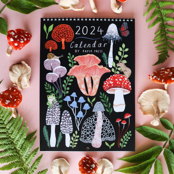 2024 Illustrated Wall Calendar - Animals & Flowers Mushroom Calendar Natural Landscape Interesting Plant Calendar 2024 Hanging Monthly Wall Calendar