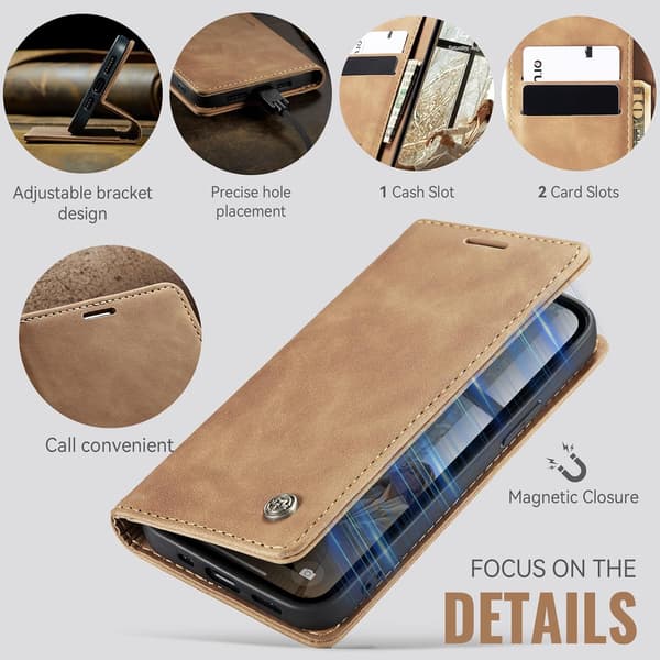 iPhone 14 7G skyddsfodral, PU-läder flip plånboksfodral med kortfack. brown