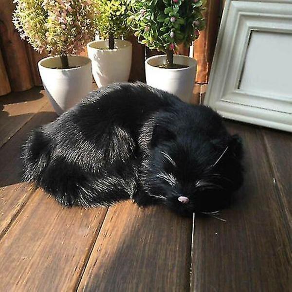 Realistisk sovende livaktig katt plysj kunstig pels livstørrelse lodne kjæledyr Black