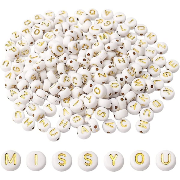 200 stk. bogstavperler 7mm bogstavperler alfabetperle hvid perle med guld bogstaver Crday gave