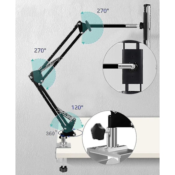 Nettbrettholder for seng, justerbar og sammenleggbar med 360 graders rotasjon for iPhone, iPad, mobiltelefon, nettbrett