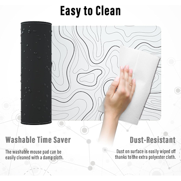 Stor Gaming Musemåtte med Syede Kanter, Minimalistisk Topografisk Kort Skrivebordsunderlag, Udvidet XL Musemåtte med Anti-Slip Base, 31,5 x 11,8 Tommer, Hvid