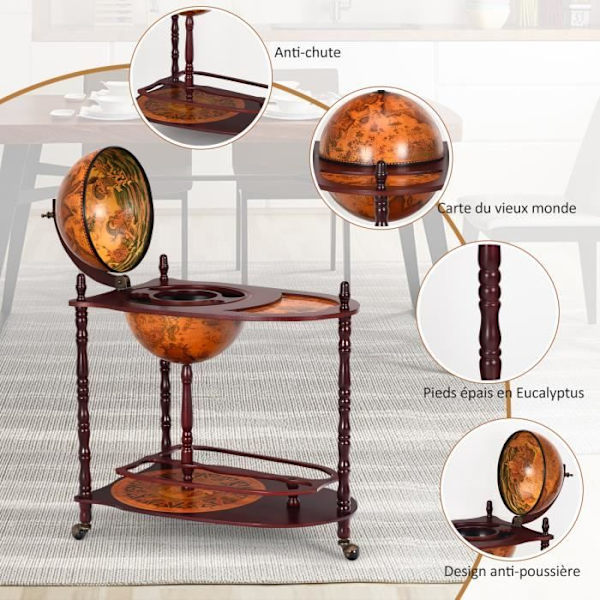 COSTWAY Bar Globe Vintage Eukalyptus Tre Verdenskart med 3 Hjul og Italiensk 16. århundre Stil, 70 x 45 x 88 C