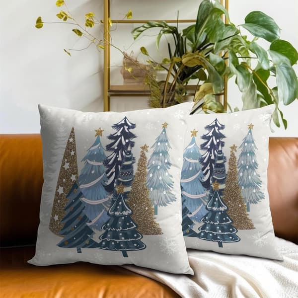 2-pack 45x45 cm Jul Kuddfodral - Blå Tallar & Snöflingor Design - Dekor för Soffa & Divan under Vinterhelgerna{wh}