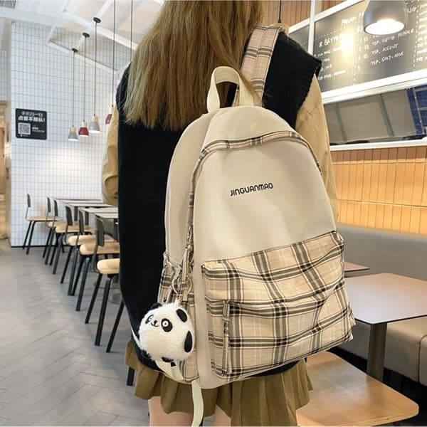 Skoletaske - Ternet Rygsæk med 1 Gratis Sød Panda-Vedhæng, (Beige)