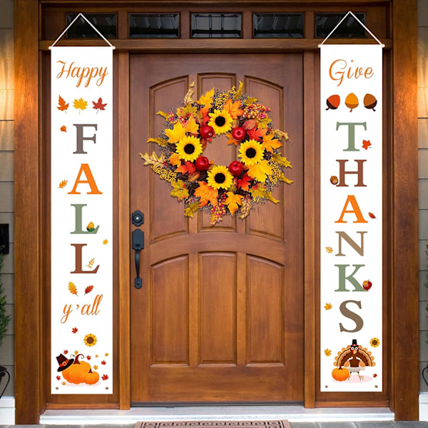 Happy Fall & Give Thanks Verandabanners för Höstdekorationer Inomhus och Utomhus | Höst Välkommenskylt för Hemmets Veranda Framdörr Dekor