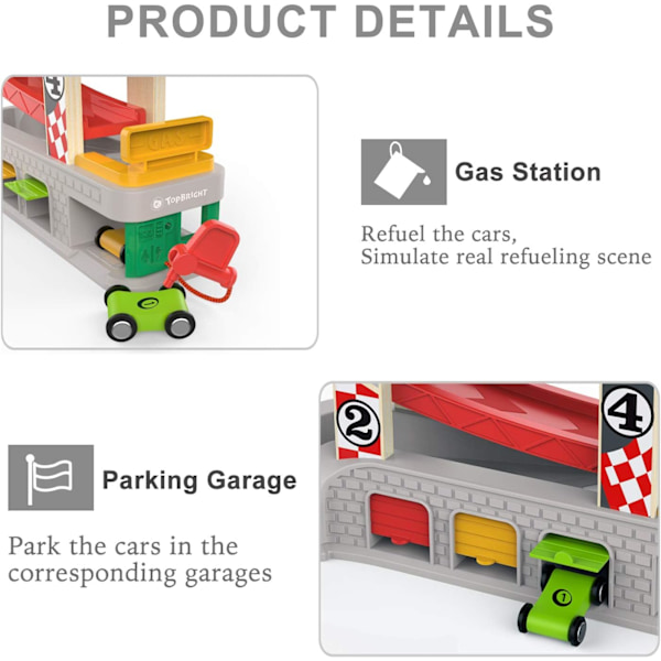 Bilramp Leksak för 2-3 Åriga Pojkar, Toddler Race Track Leksak för 18 Månader med 4 Träbilar och 3 Bilgarage