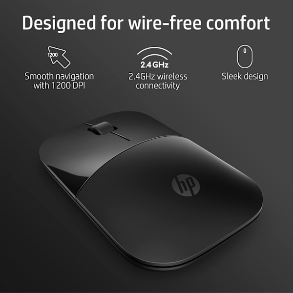 HP Z3700 2,4 GHz trådlös mus med blå LED, 1200 DPI optisk sensor, svart