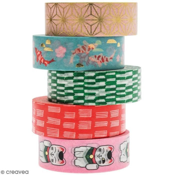 Maskeringstape sett - Japansk hage - 1,5 cm x 10 m - 5 stk