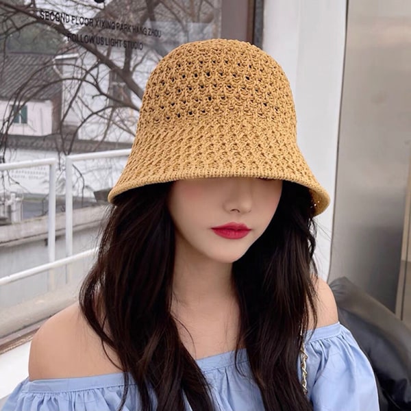 Håndlagde heklede floppy topp sommerhatter sammenleggbar kuppelbøtte - spot salg Brown