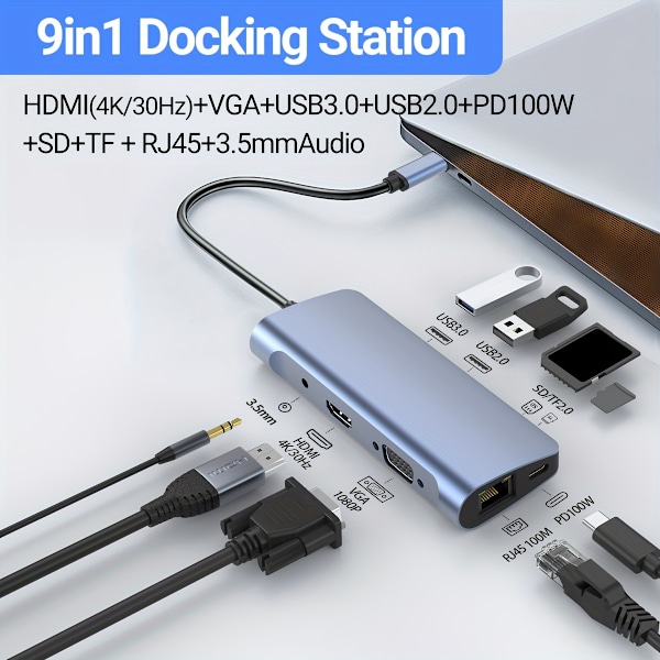 VGA 1080P USB C Hub, 9 i 1 USB C till 4K@30HZ HDMI Multiport Adapter, USB 2.0 3.0 Portar, SD/TF Kortläsare, 100W PD, Designad för MacBook Pro Air