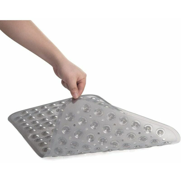Bademåtte, 70x38cm Mellemstor Skridsikker Rektangulær Brusebadsmåtte med Sugekop og Drænhul, Bademåtte Maskinvaskbar Bademåtte (Grå