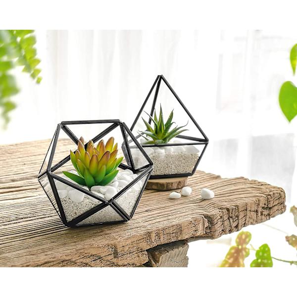 Keinotekoiset mehikasvit 3-pakkauksessa, mini lasinen geometrinen terraario, miniatyyri ruukutettu keinotekoinen kasvi kirjahyllyn pöydän boho toimiston huoneen sisustus naisille tytöille asuntolaan