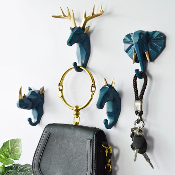 1/2/3/5 Robust og holdbar dyrehoved nøglekrog til enkelt sort (næsehorn) Black (rhino) Set