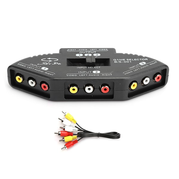 3 i 1 ut lyd- og video-RCA-splitter svart bryter med AV-kabel for DVD VCD VCR Svart