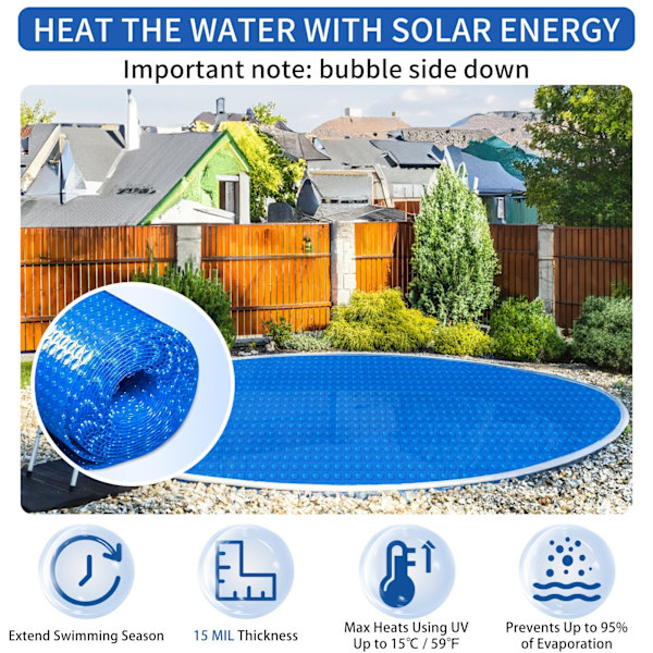 Solvärmepoolöverdrag, runda poolöverdrag för mark- och ovanmarkpooler, kraftiga bubbelpooloverdrag för bubbelpooler, flytande termisk filt 360x360cm