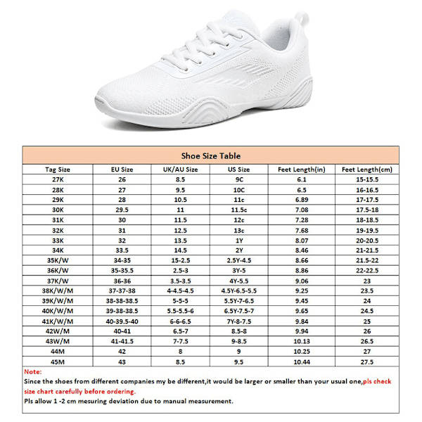 Vita och ungdomliga snörskor för cheerleading, vita cheerleading skor, storlek 33 40