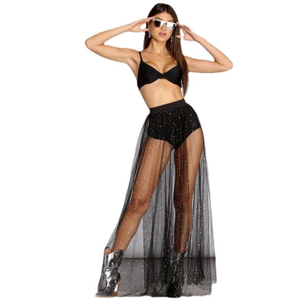 Dame Gennemsigtig Mesh Glitter Paillet Party Maxi Nederdel Sort Black XL