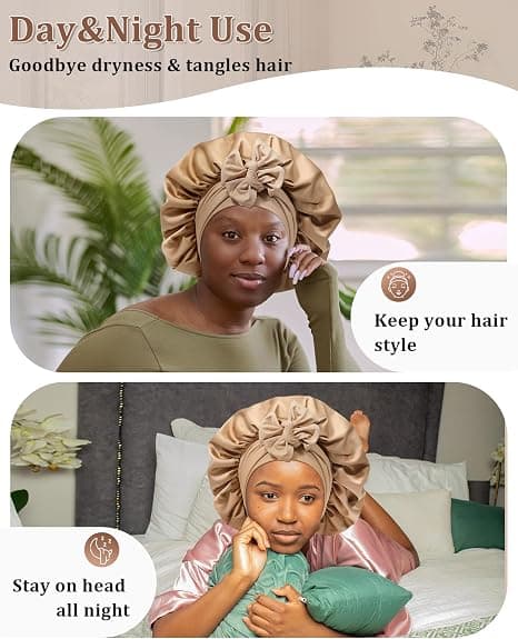 Satin Bonnet til Søvn Kvinder Dobbelt Lag Hårhætte med 2 stk. Hårelastikker Elastisk Bånd Nathætter Coffee + Champagne