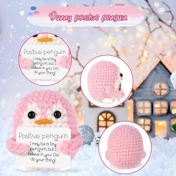 Mini Rolig Positiv Pingvin, Stickad Leksak med Positivt Kort Emotionellt Stöd Virkad Docka Uppmuntringsgåva för Familj Vänner Pink Penguin
