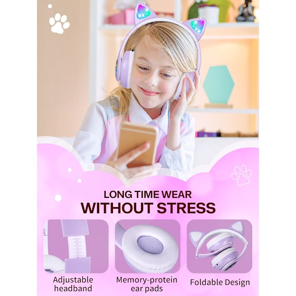 Flash Light Cute Cat Ears Langattomat Kuulokkeet Mikrofonilla Voi Ohjata LED Violetti