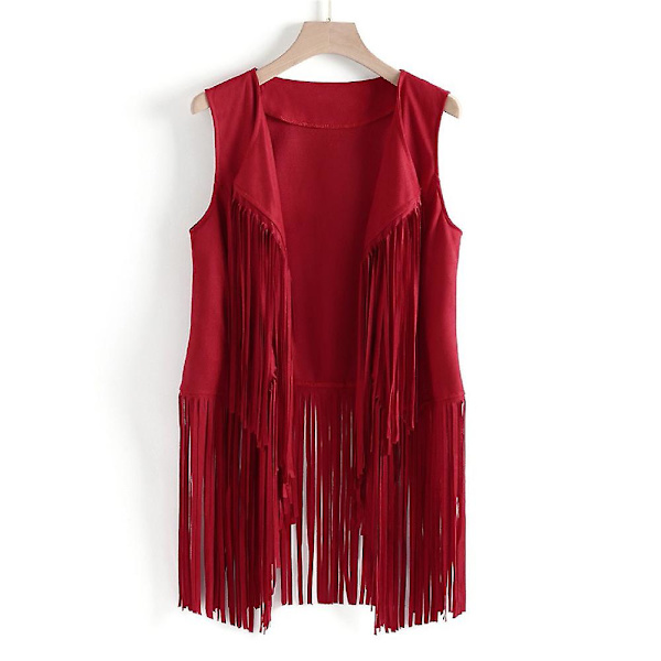 1970'ernes Kvinde Tassel Ærmeløs Vest 70'er Retro Hippie Kunstlæder Frynser Jakke Cardigan Rød Ed L