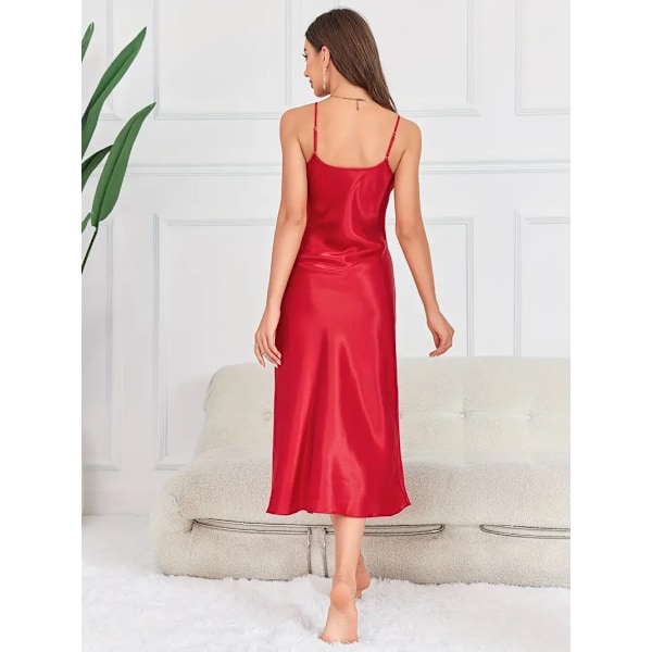 Solid Satin Slip Nattlinne, Elegant V-hals Rygglös Spaghetti Rem Nattlinne, Damkläder & Klänningar Röd Red 2XL