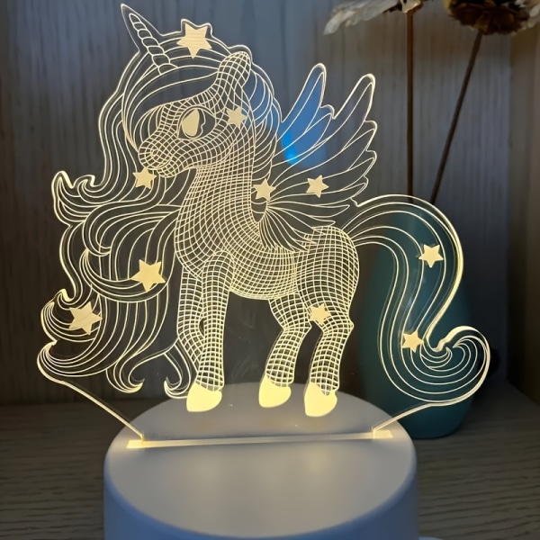 1kpl 3D-pieni yövalo, yksisarvinen yöpöytälamppu, akryylilevy pöytälamppu Warm Light