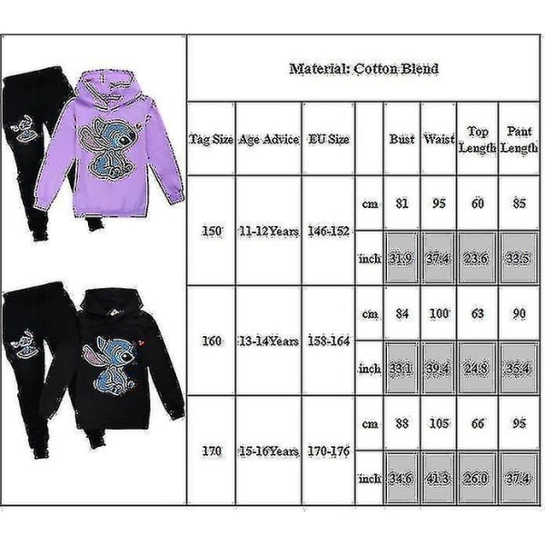 Kids Girls Stitch Treningsdress Hoodie Tops Hoodie Sweatpants Set Outfits Klær 11-16 År Black