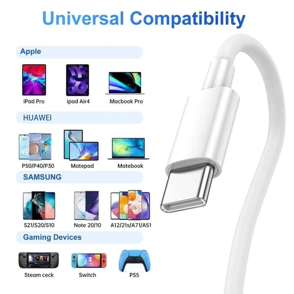 2 KPL 2 m pikalatauskaapeli USB-C - USB-C valkoinen