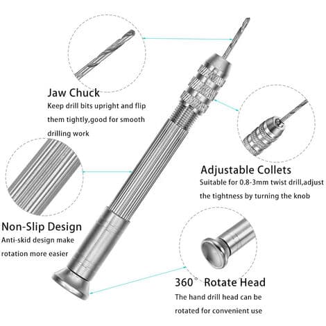 3 stk. 0,3-3 mm med sett, hånddrill, manuell boring (drillhåndtak)