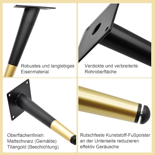 4-pakks sorte gullmetallmøbelben, 20 cm erstatningsben for TV-stativ, underskap og garderobe