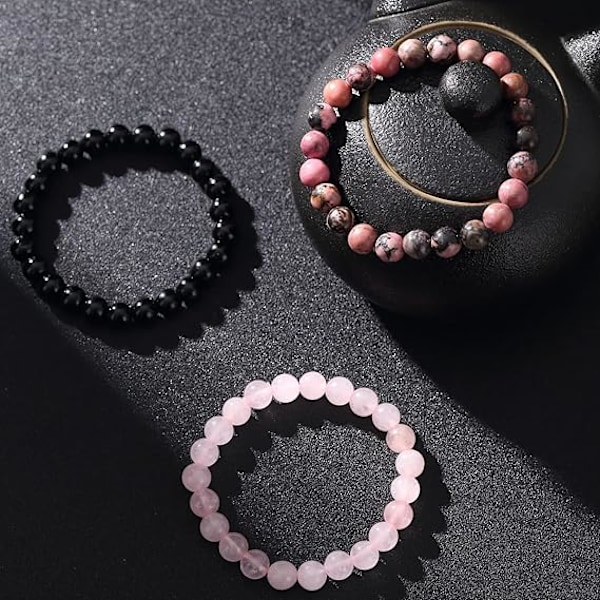 8mm Naturlig Sten Armbånd Sæt Mænd Kvinder Rose Rhodonit Kvarts Sort Onyx Stabelbar Perlearmbånd Wrist Mala Charm Armbånd[qb] S