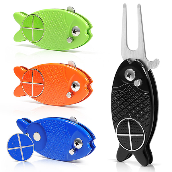 Fiskformet golf divot reparationsværktøj sammenklappelig pop-up knap magnetisk boldmarkør pitch mark letvægts bærbar mini Blue
