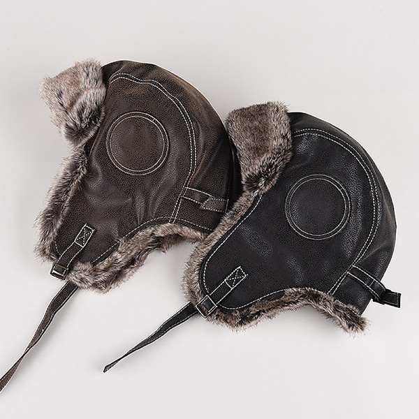 1 stk Vinter Ushanka Hat til Mænd Kunstig Pels Læder Sne Hat Med Øreklapper Black
