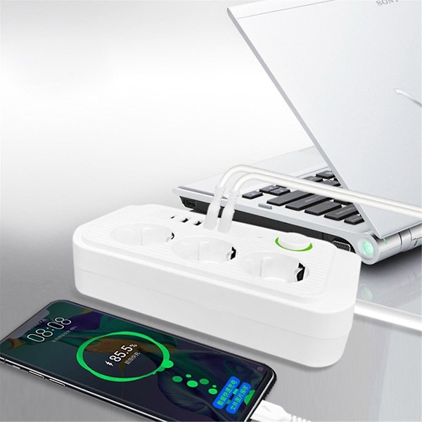 Hvid 2M EU-stik Multi-Standard Udvidelsesledning Strømskinne med USB Type-C Hurtigopladning Hoved DB White