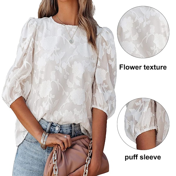 Bubble Sleeve Chiffon Loose Top Floral Textured Shirt（Hvid） M