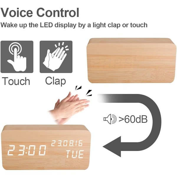 Artificiell trä LED väckarklocka digital klocka ljudaktiverad Wit