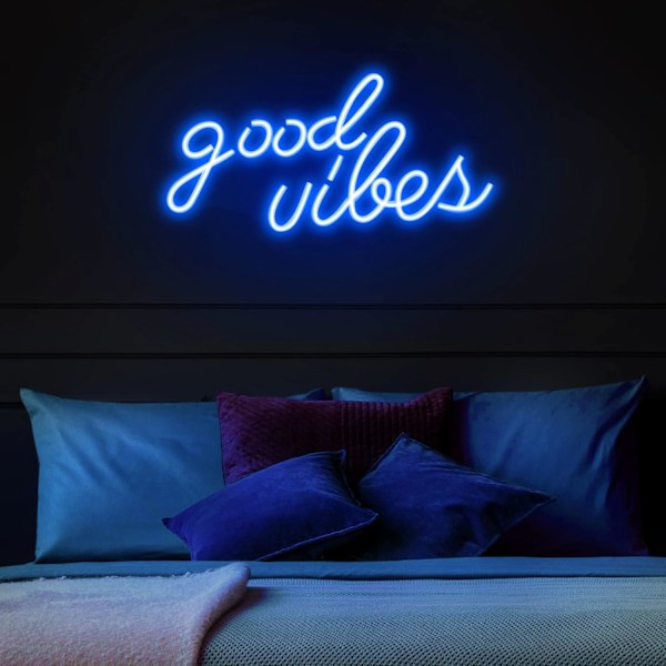 Blå Good Vibes Neon-skilt - LED Neon-skilt for veggdekor, Neonlys for soverom, Neon veggskilt (16,1 x 8,3 tommer)