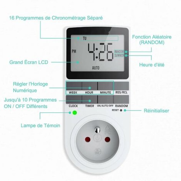 Digitaalinen ohjelmoitava pistorasia, viikoittainen digitaalinen ajastin LCD-näytöllä, 12H/24H/7 päivän virta, energian säästö