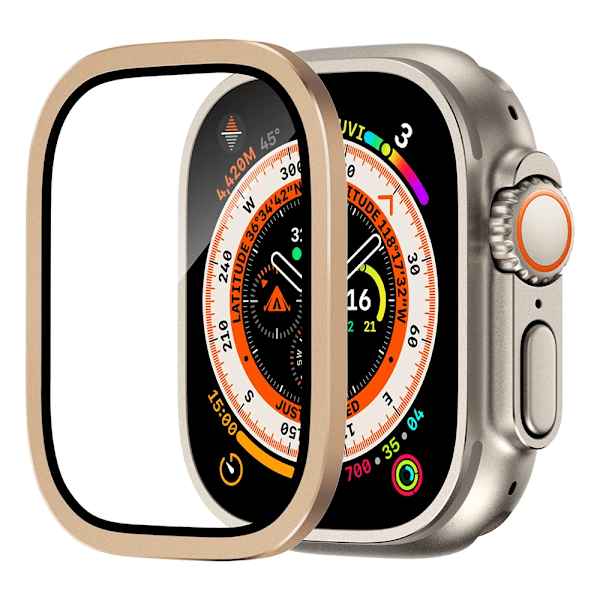 Skärmskydd för Apple Watch Ultra 49mm Tillbehör Metallstötfångare+härdat glas Skydd HD iWatch Ultra 49mm Guld Gold For Ultra 49mm