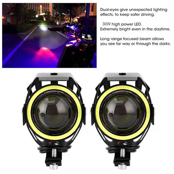 2 stk. 12V 30W 3000lm U7 LED Angel Eyes Spotlight Hvidt Lys IP68 Motorcykel Forlygte med Afbryder