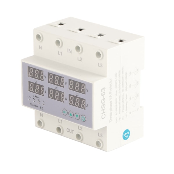 3-fas DIN-skena voltmeter ammeter automatiskt överspänningsskydd överströmsskydd AC 390‑500V 63A