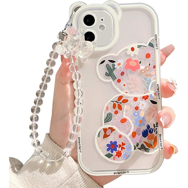 Kompatibel med iPhone 12 Skal Genomskinlig Söt Blomma Blomma med Söt Armbandskedja för Flickor Kvinnor Mönster med Björnöron Mjuk TPU Girly-Bear