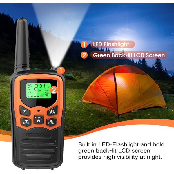 Voksen langtrækkende intercom med 22 FRS-kanaler, familie intercom med LED-lommelygte VOX LCD-display til vandreture og campingture (Orange 2-pak)