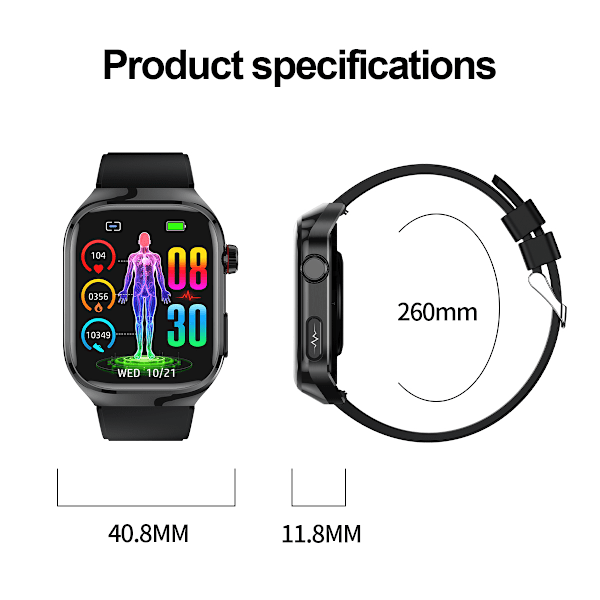 INF Smartwatch EKG, puls, blodtryk, søvn, skridttæller Svart Sort