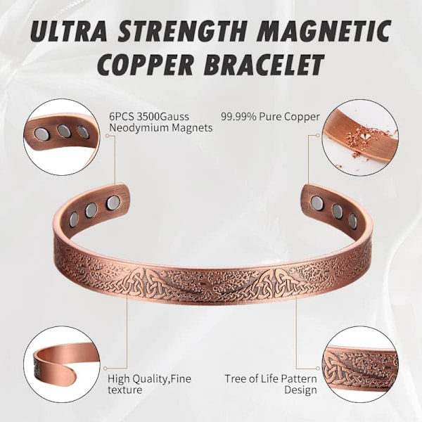 Kuparinen magneettirannekoru naisille 99,99 % puhdasta kuparia, rannekoru 3500 Gaussin magneeteilla, säädettävä (kapea kupari)