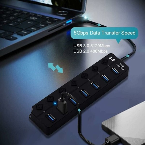 USB-hubb, 7-portars USB 3.0-hubb, USB-datahubb med flera portar, splitter med individuella på/av-brytare, USB-förlängning för MacBook