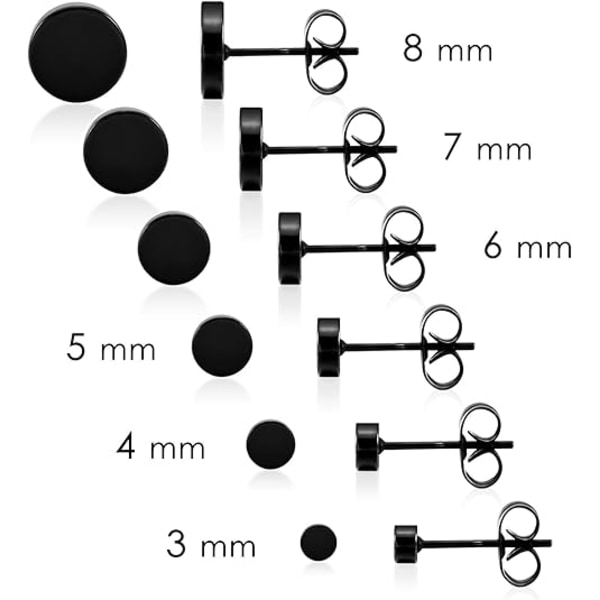 Sæt med 6 par sorte runde øreringe i rustfrit stål til mænd og kvinder 3mm-8mm... (Sort)