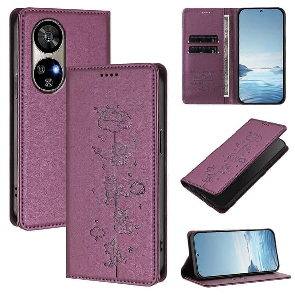 Søde Katte Præget Magnetisk RFID Vegansk Læder Telefoncover Violet Purple For Ulefone Note 17 Pro